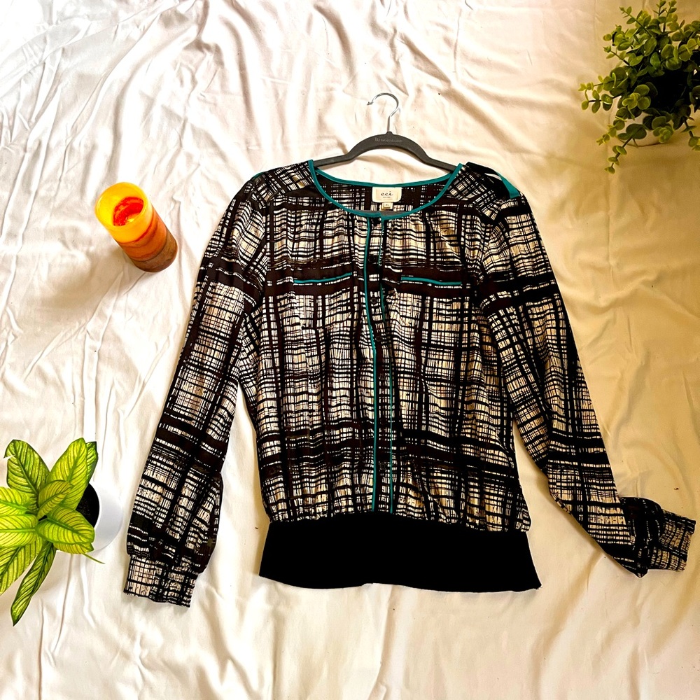 Black and White Striped Blouse with Blue Accents